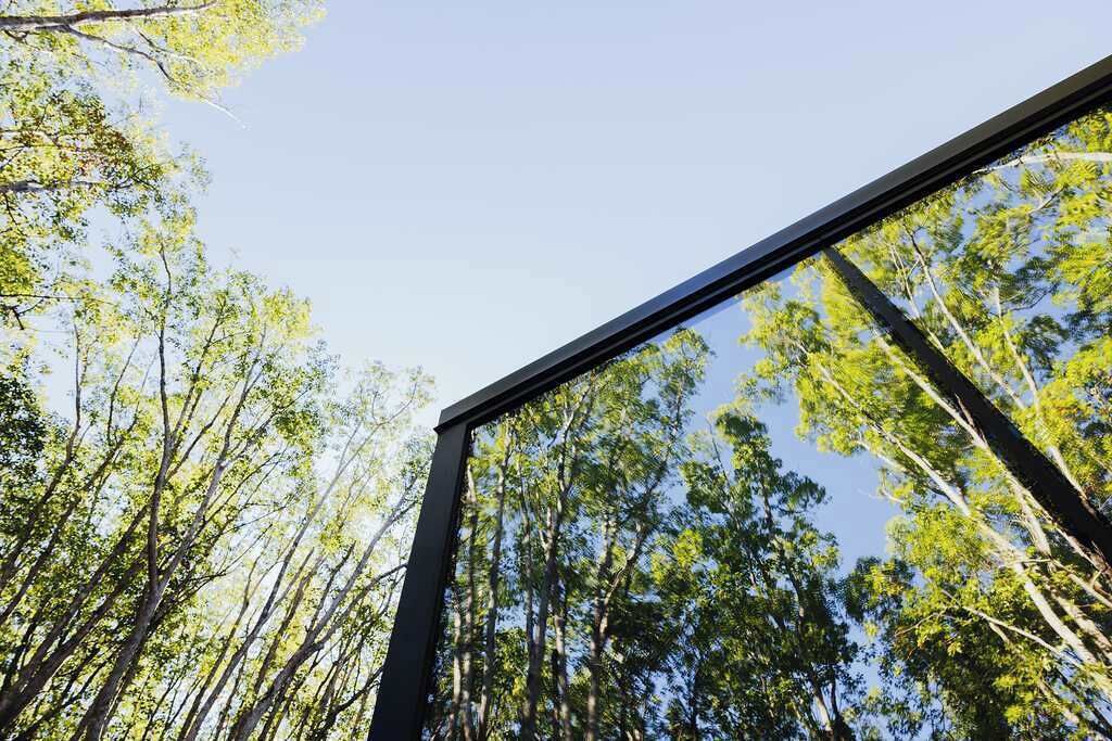 Un edificio moderno con una grande facciata in vetro, circondato da alberi alti.