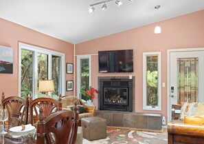 Smart TV, fireplace, books