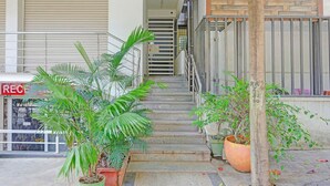 Una escalera conduce a la entrada de un edificio, rodeada de plantas en macetas y una barandilla de metal.