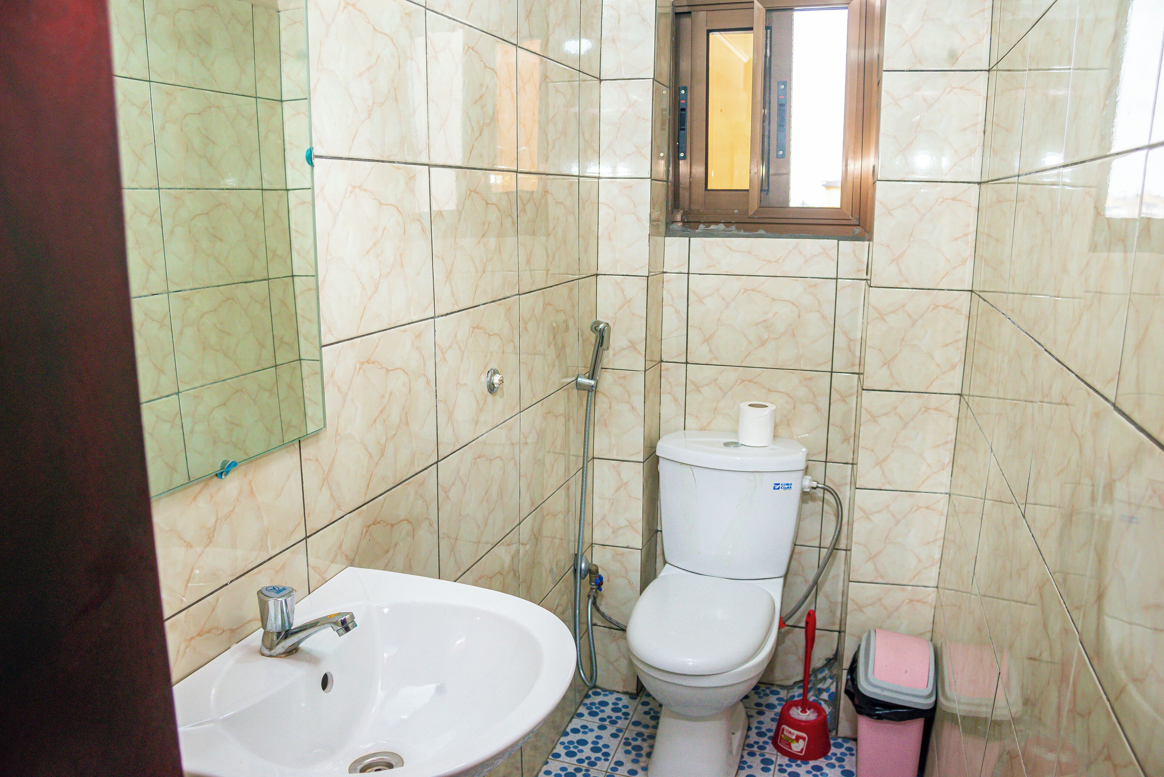 A bathroom with a sink, toilet, and a mirror.
