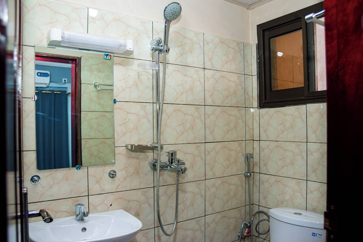 A bathroom with a sink, mirror, shower, and toilet.