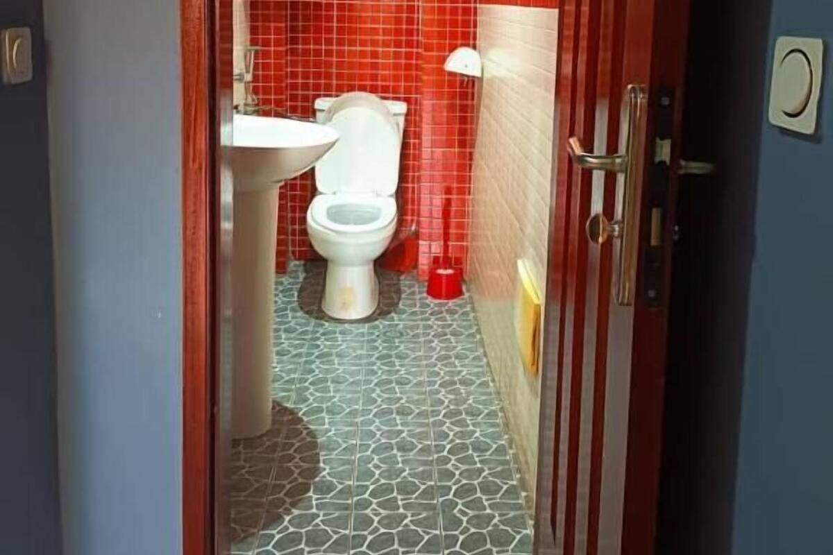A bathroom with a white toilet, red tiled walls, a sink, and a shower.