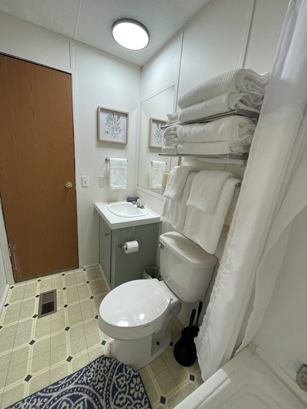 A small bathroom with a toilet, sink, and a shower curtain.