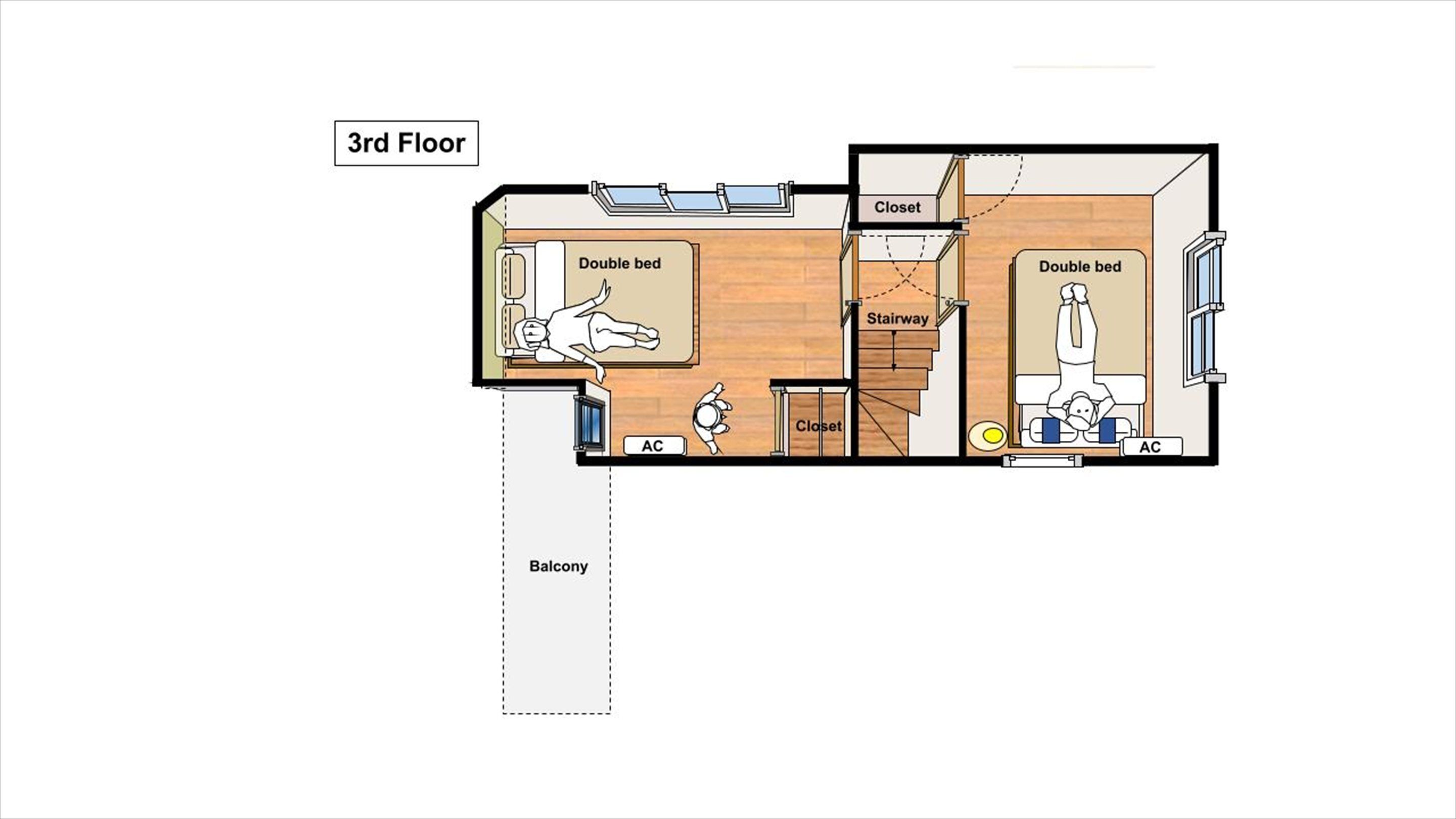 A 3rd floor layout with two double beds, closets, an AC unit, and a balcony.