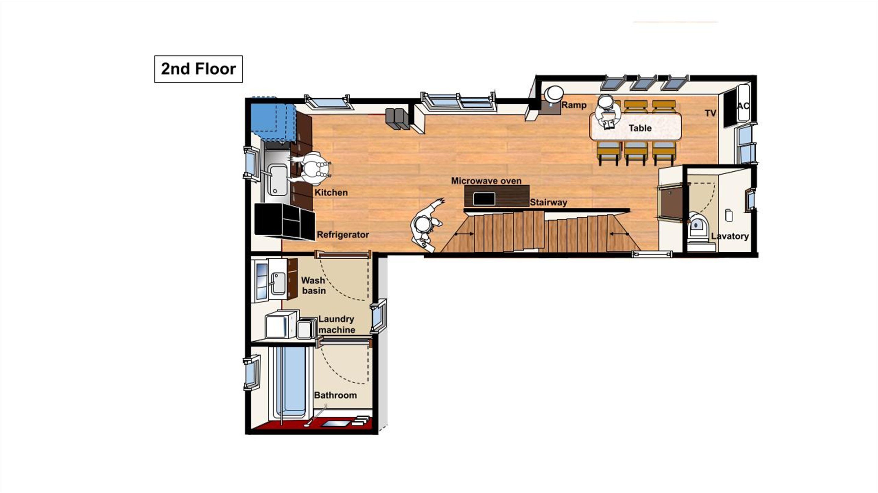 A 2nd floor layout with a kitchen, refrigerator, microwave oven, wash basin, laundry machine, bathroom, and a dining area with a table and chairs.