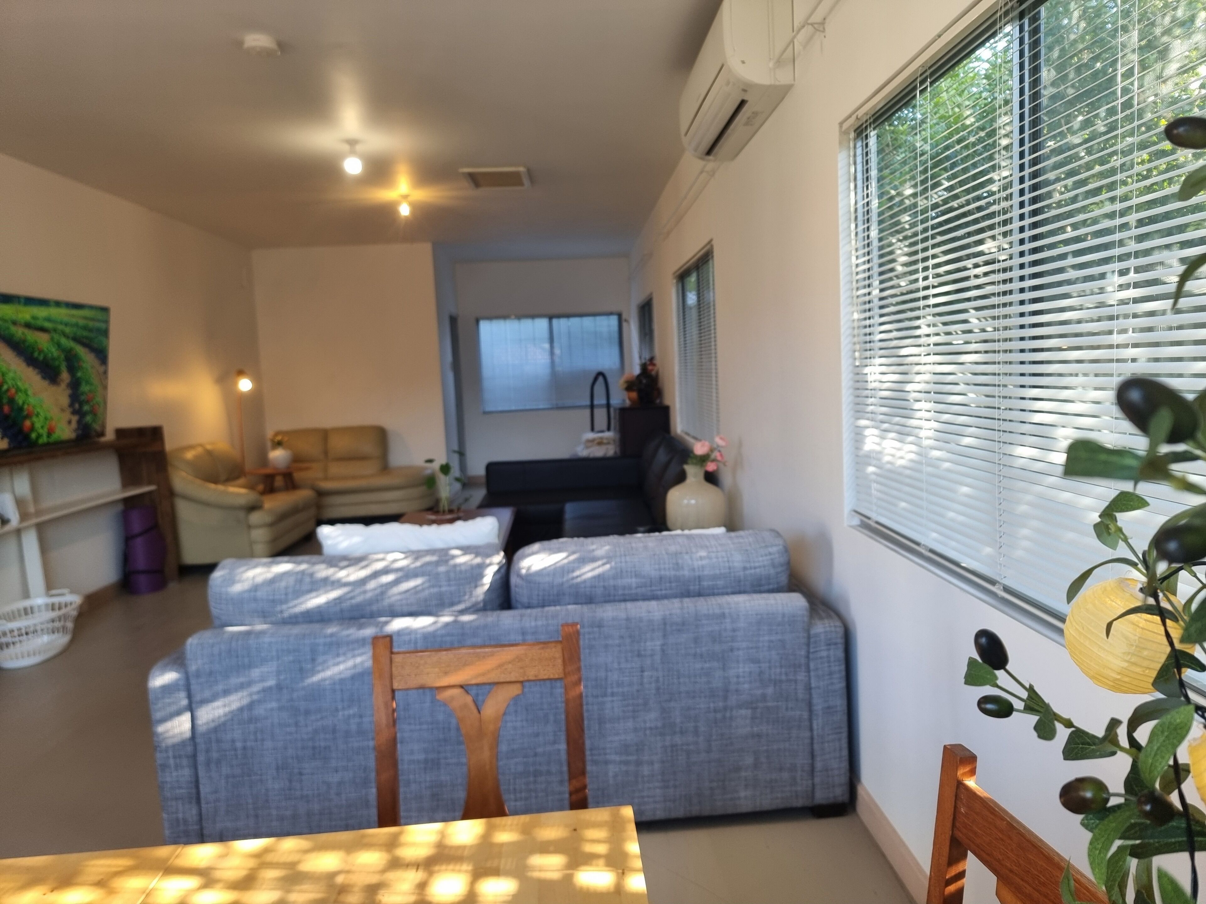 Spaceous living room with a Qs sofa bed, small double sofa bed, and single bed.