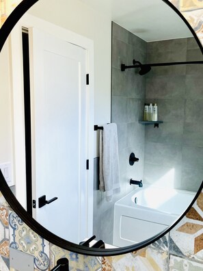 Eco-friendly toiletries, hair dryer, towels, soap