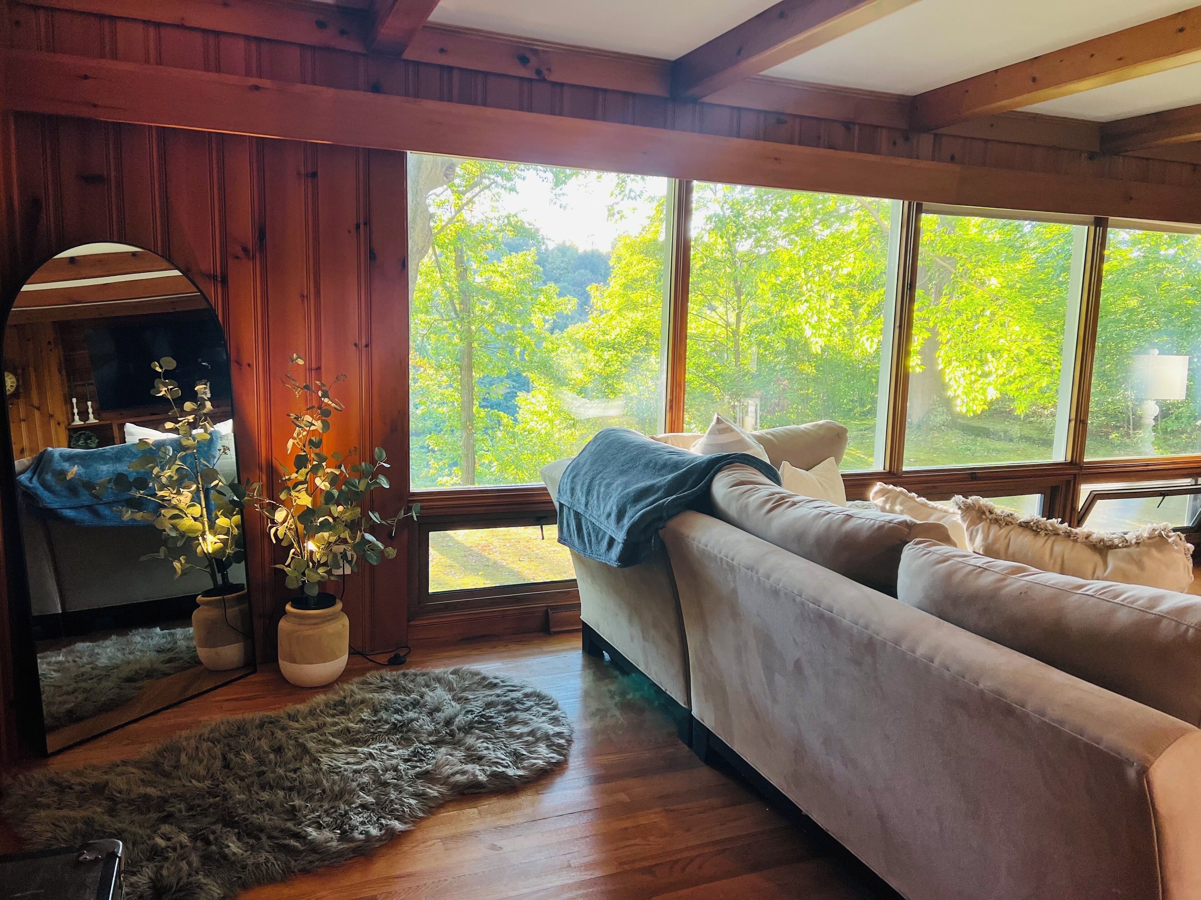 A cozy room with a wooden ceiling, a large window with a view of trees, a sofa with a blanket, and two potted plants.