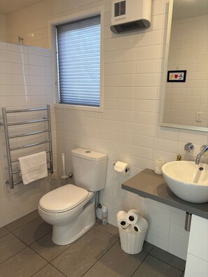 Douche, sèche-cheveux, serviettes fournies, savon