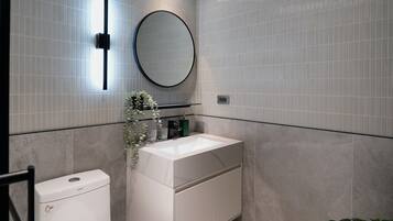 Hair dryer, towels, toilet paper