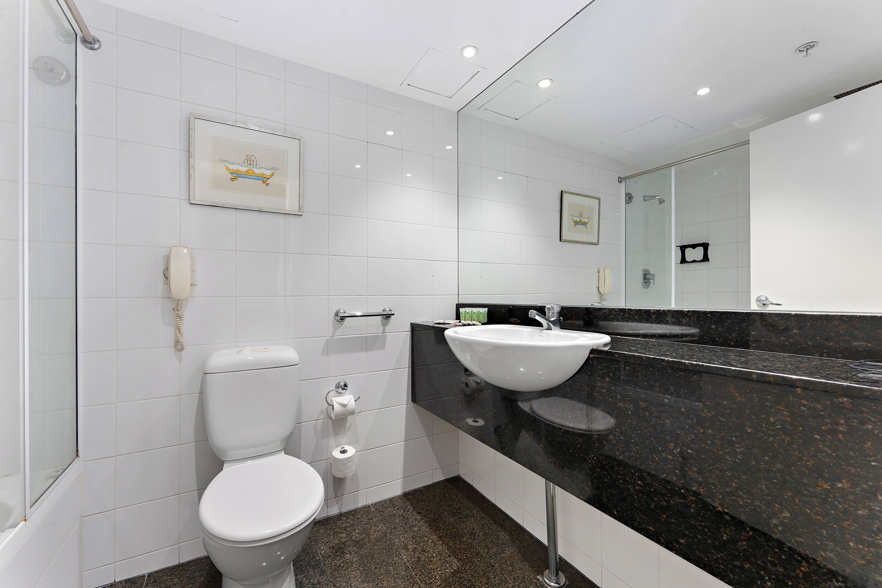 Une salle de bain moderne équipée de toilettes, d’un lavabo et d’une douche.