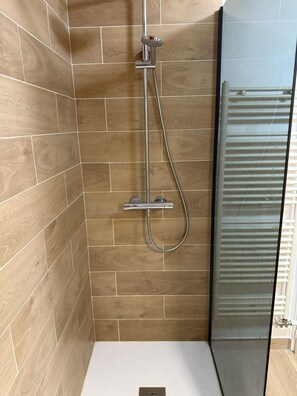 Ducha, secador de pelo, toallas y papel higiénico