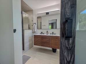 Hair dryer, towels, soap, shampoo