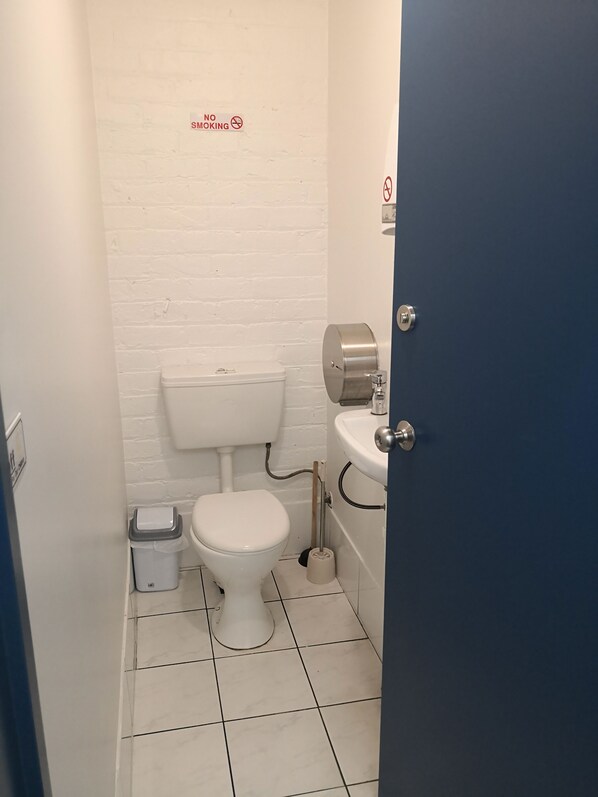 Ein kleines, sauberes Badezimmer mit Toilette, Mülleimer und Waschbecken mit Wasserhahn.