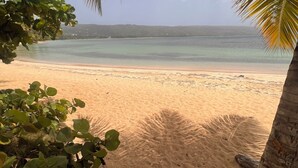 A beach with clear water, palm trees, and a distant shoreline. - Brand new 3-bedroom Villa & 1-bed bungalow  Las Terrenas with AC, WiFi (Las Terrenas)