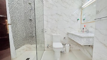 Hair dryer, towels, soap, toilet paper