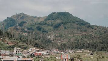 A rural landscape with a hill in the background, agricultural fields, and scattered buildings.
