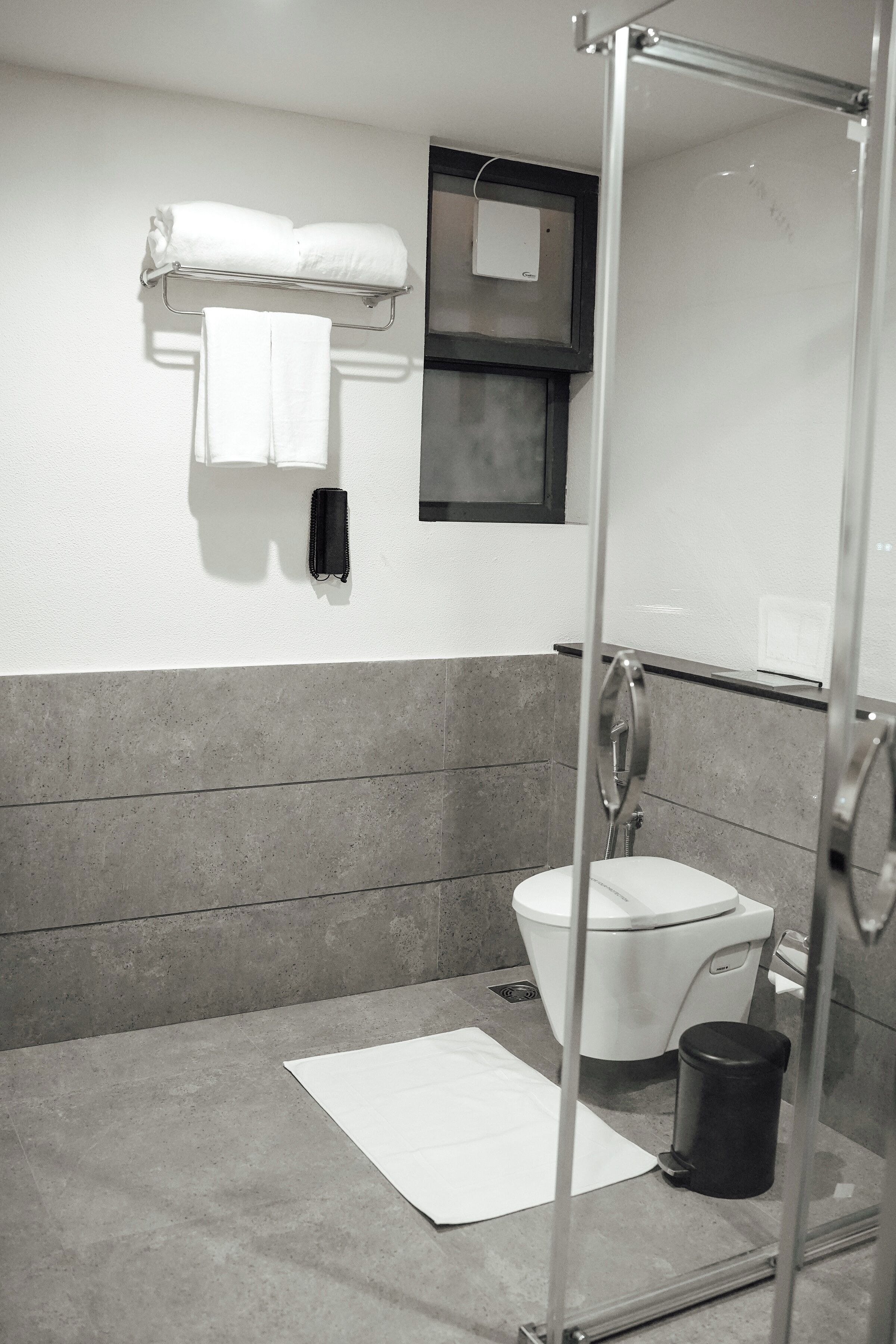 A modern bathroom with a glass shower enclosure, a white toilet, and a towel rack with folded towels.