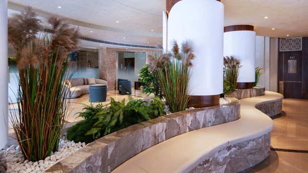 A modern lobby with a curved seating area, large cylindrical columns, and various indoor plants. - Oshin Calicut (Kozhikode)