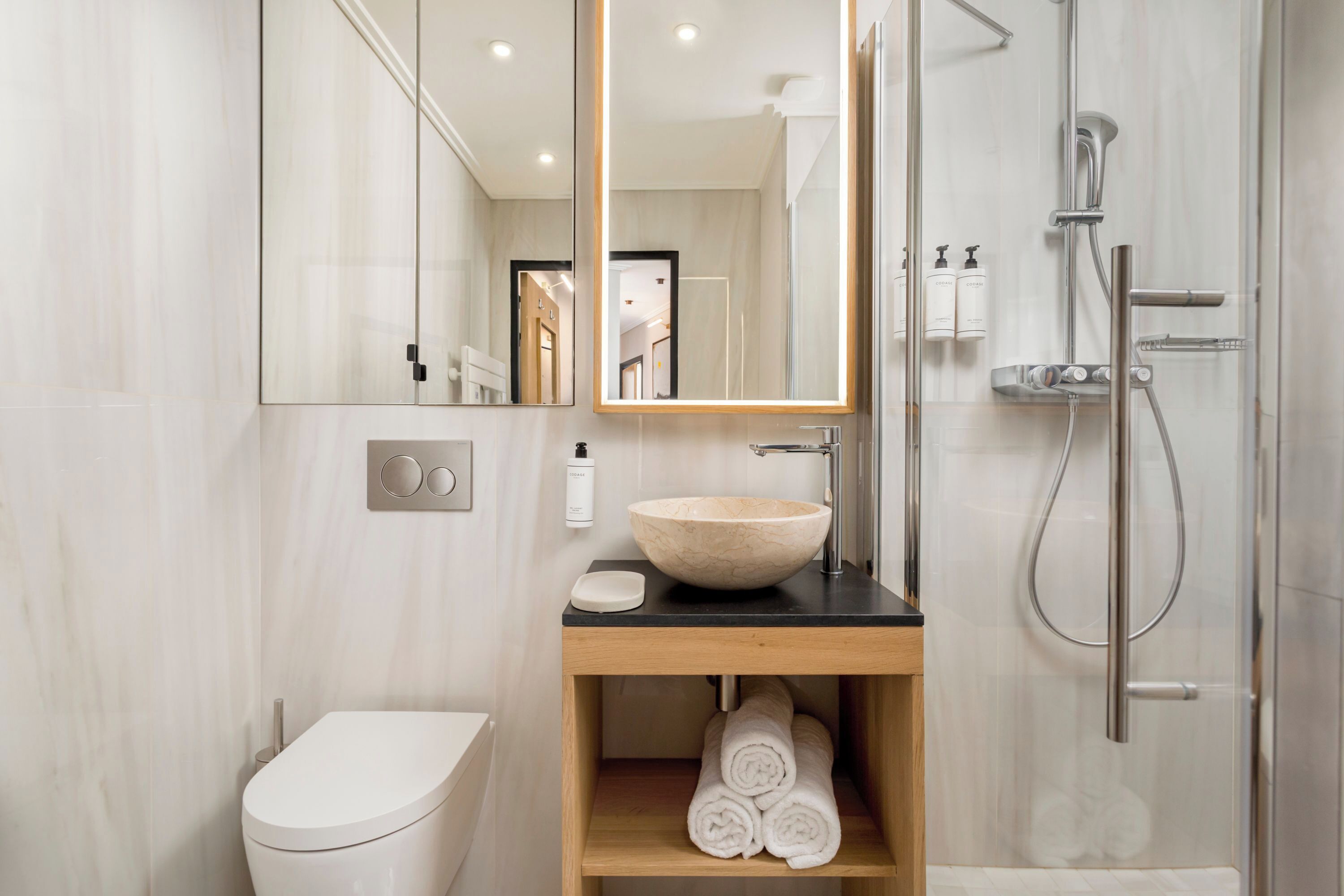 Une salle de bain moderne comprenant des toilettes, un lavabo avec un receveur en marbre, un miroir et un espace douche.