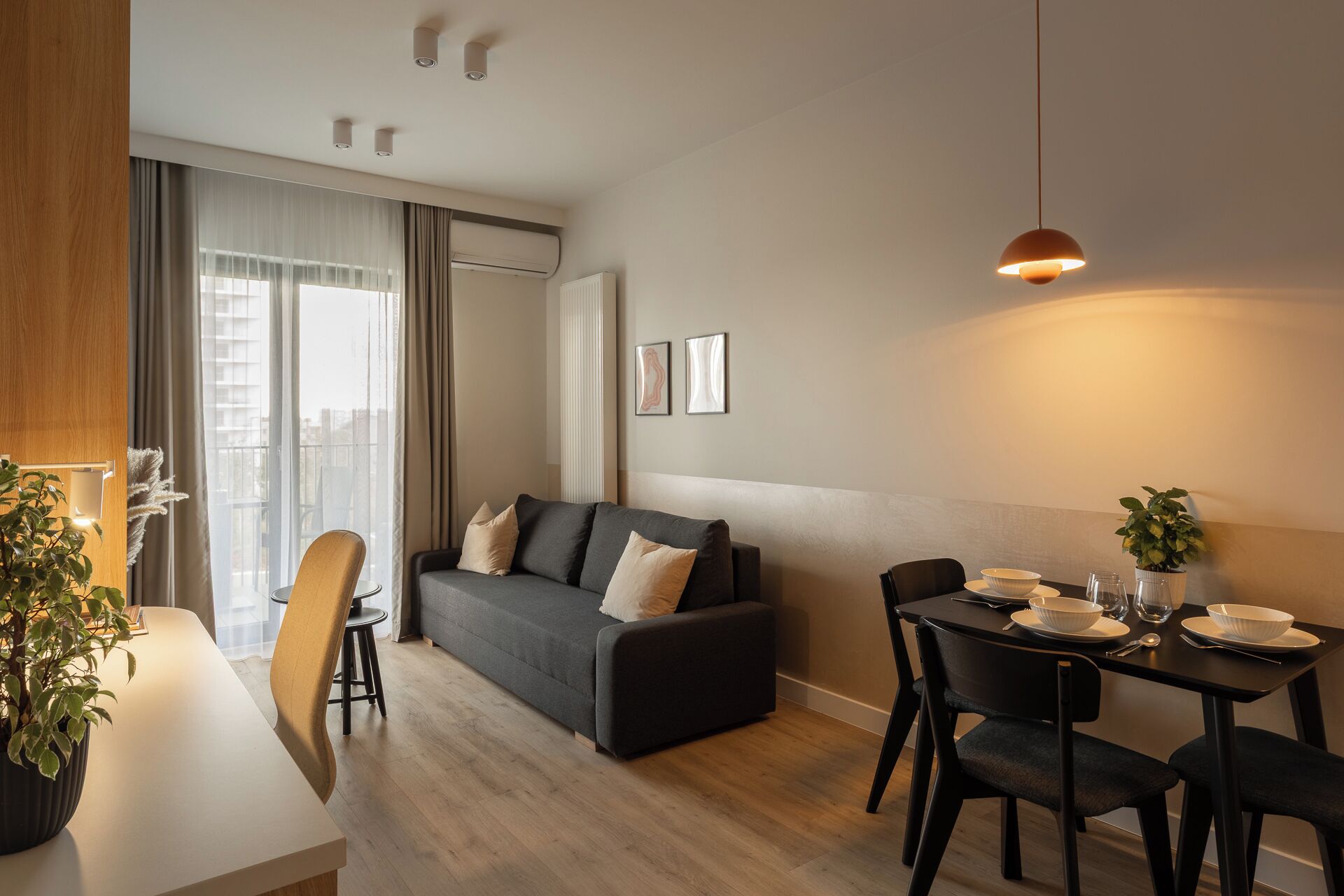 A modern living room with a sofa, dining table, chairs, and a potted plant.