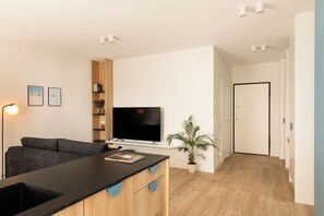 Deluxe Apartment, Balcony, City View | Living area | 55-inch Smart TV with cable channels