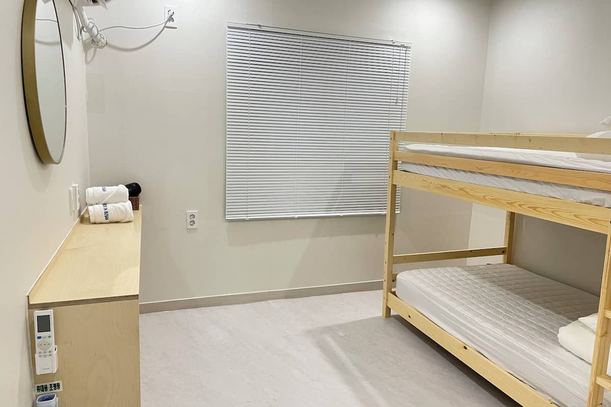 Ein Zimmer mit Etagenbett, Spiegel, einem Fenster mit Jalousien und einem kleinen Schreibtisch mit Computer und Papierkorb.
