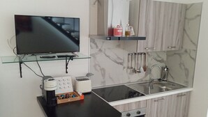 Una cocina compacta con televisor, cafetera, tostadora y pileta.