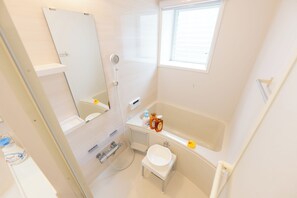 Hair dryer, towels, soap, toilet paper