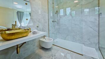 Shower, hair dryer, towels