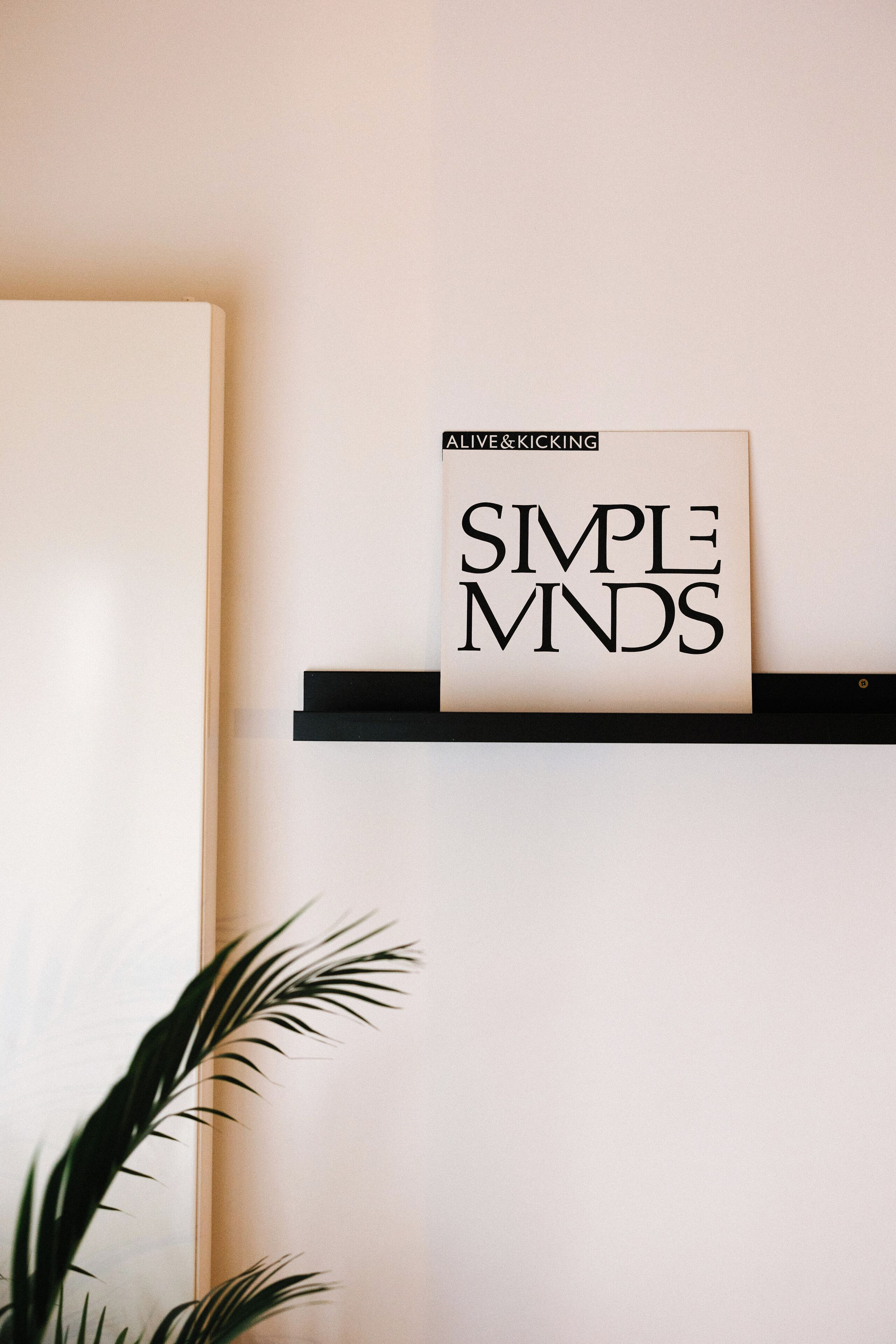 Un livre intitulé « Simple Minds » est posé sur une étagère noire, devant un mur blanc.