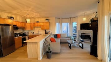 Smart TV, fireplace, books, computer monitors