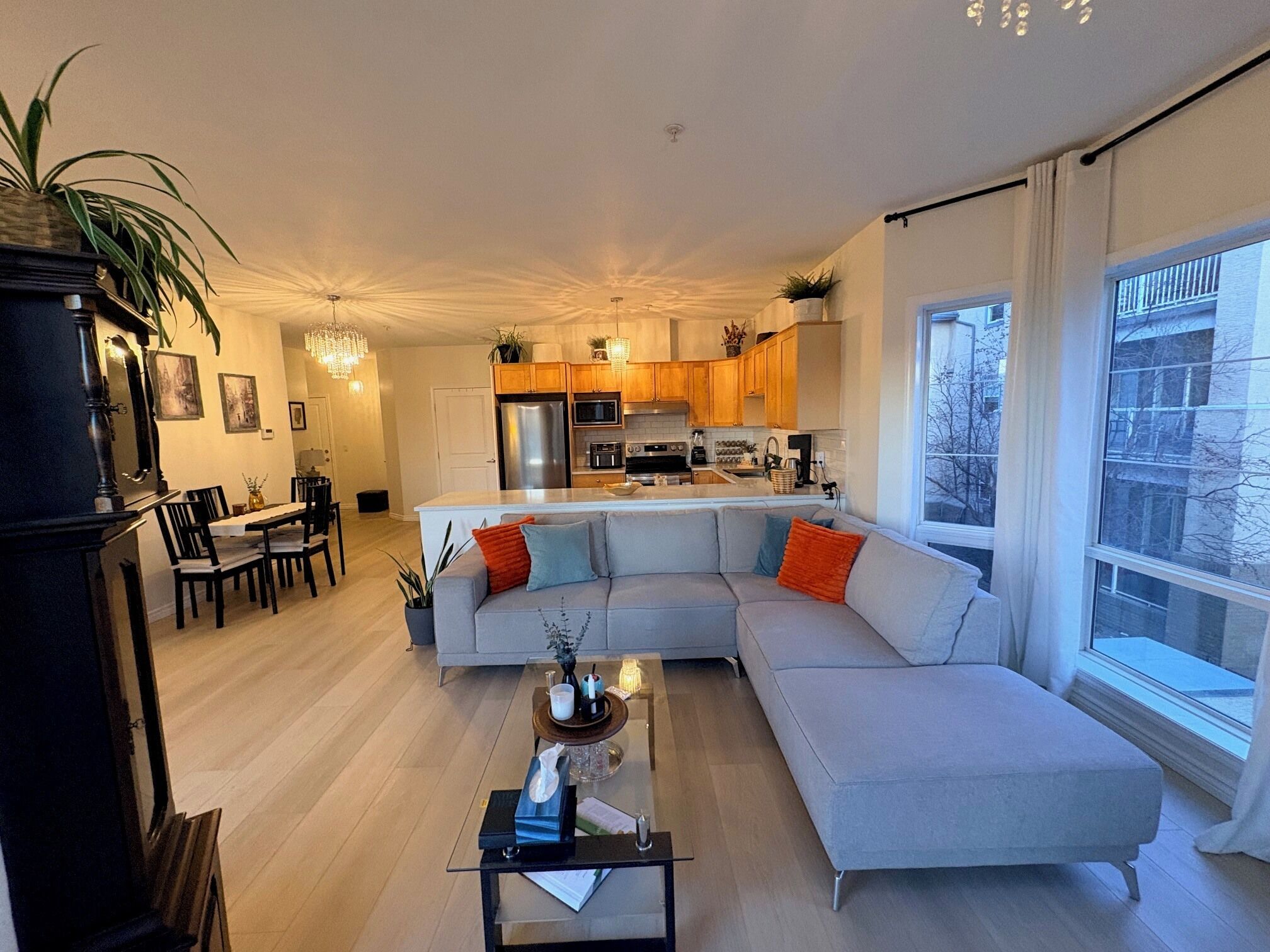 Smart TV, fireplace, books, computer monitors