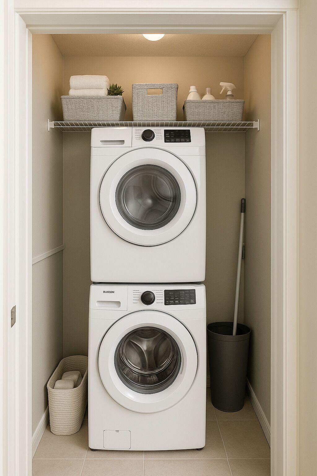 A laundry room with two stacked washing machines, a shelf with laundry supplies, a basket, and a mop.