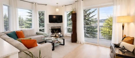 Smart TV, fireplace, books, computer monitors