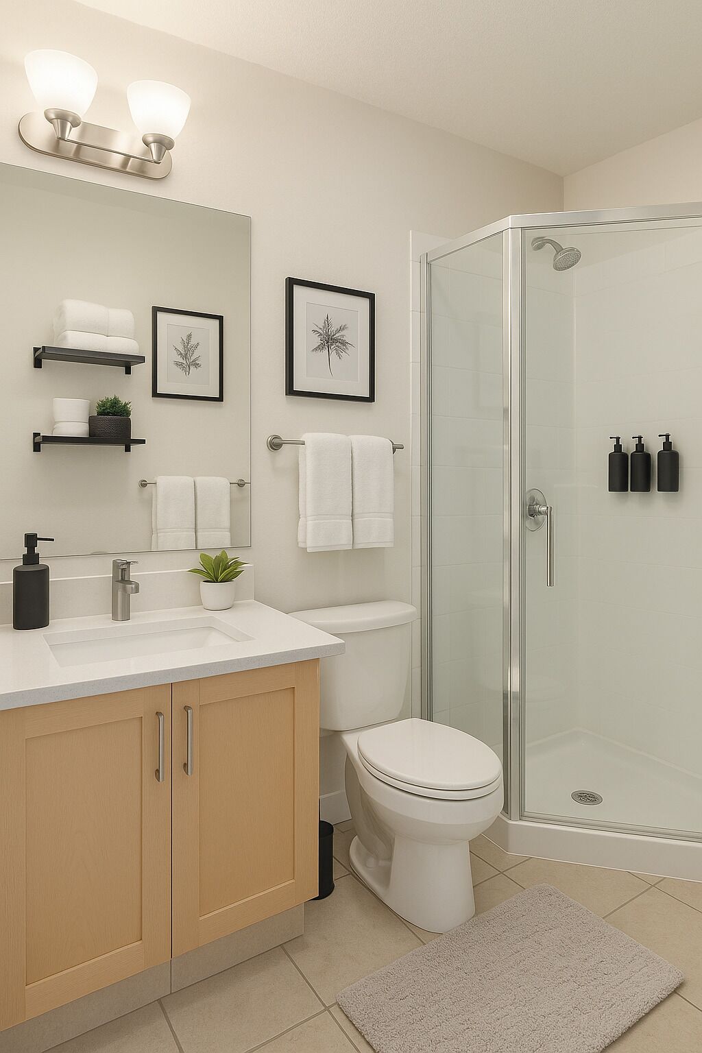 A modern bathroom with a glass shower enclosure, a sink with a faucet, a toilet, and a mirror with wall-mounted lights.
