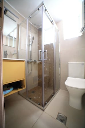 Douche, sèche-cheveux, serviettes fournies, savon