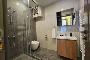 Shower, hair dryer, bidet, towels