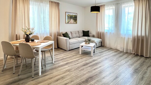 Un soggiorno moderno con zona pranzo, che include un divano, un tavolino e un tavolo da pranzo con sedie.
