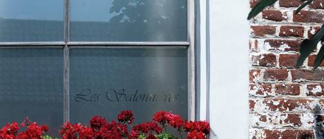 A window with a reflection of a tree and a brick wall with a sign reading "Les Salonniers".