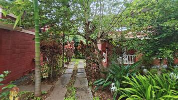 A narrow stone pathway flanked by lush greenery and a red brick wall.