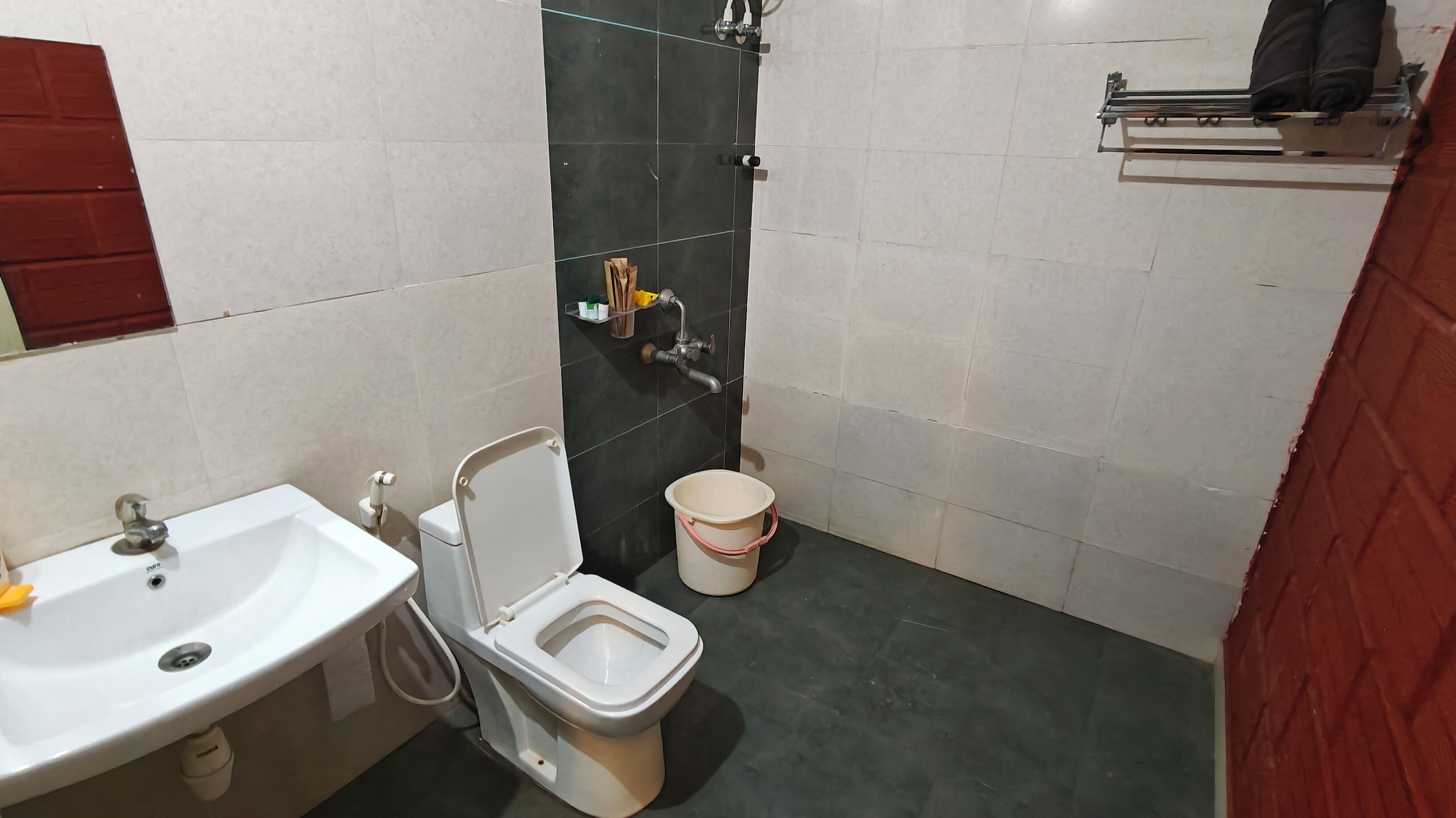 A bathroom with a white sink, a toilet, and a shower.