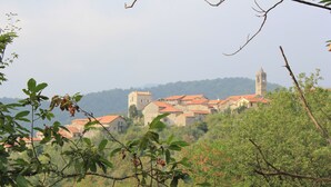 A town with historic buildings and a prominent tower.