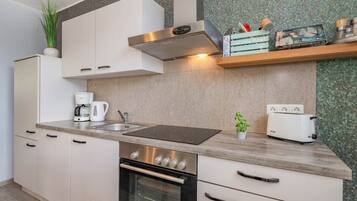 Fridge, microwave, oven, stovetop