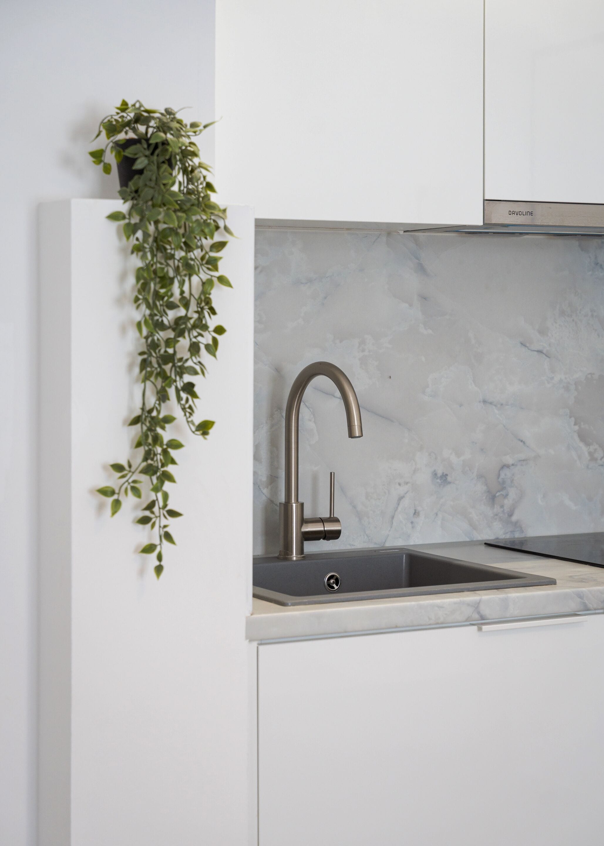 A kitchen with a modern faucet, a marble backsplash, and a hanging plant.