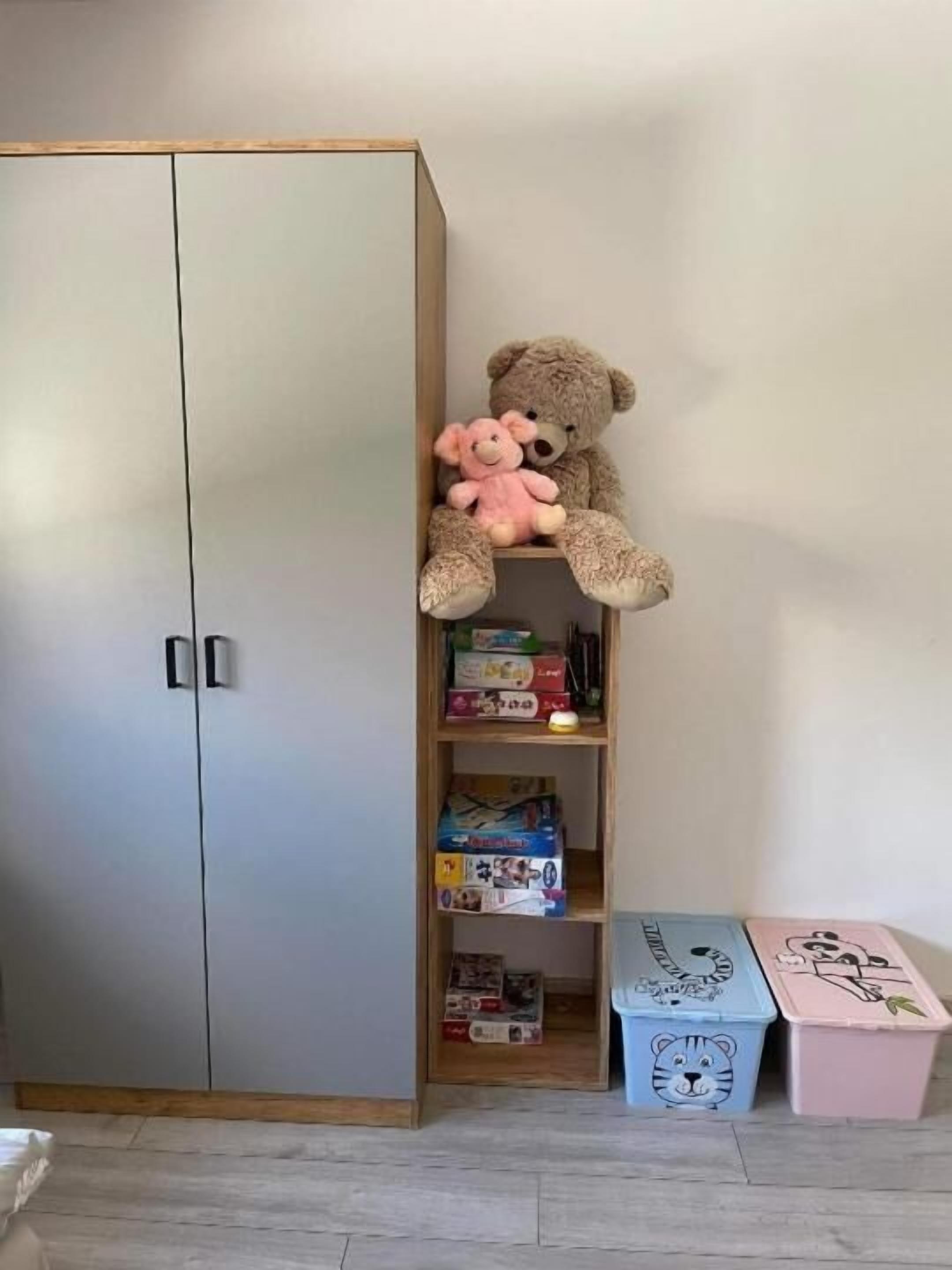 A wardrobe with a teddy bear on top, a shelf with toys and games, and two storage boxes with animal faces.