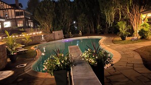 Vista nocturna de una piscina con solárium de piedra, rodeada de plantas en macetas y un muelle de madera.