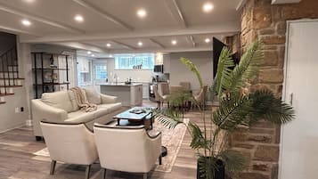 Smart TV, fireplace, books