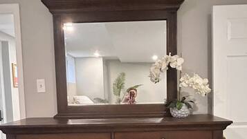 Un comò di legno scuro con uno specchio grande sopra, una piccola pianta in vaso e una porta bianca sullo sfondo.