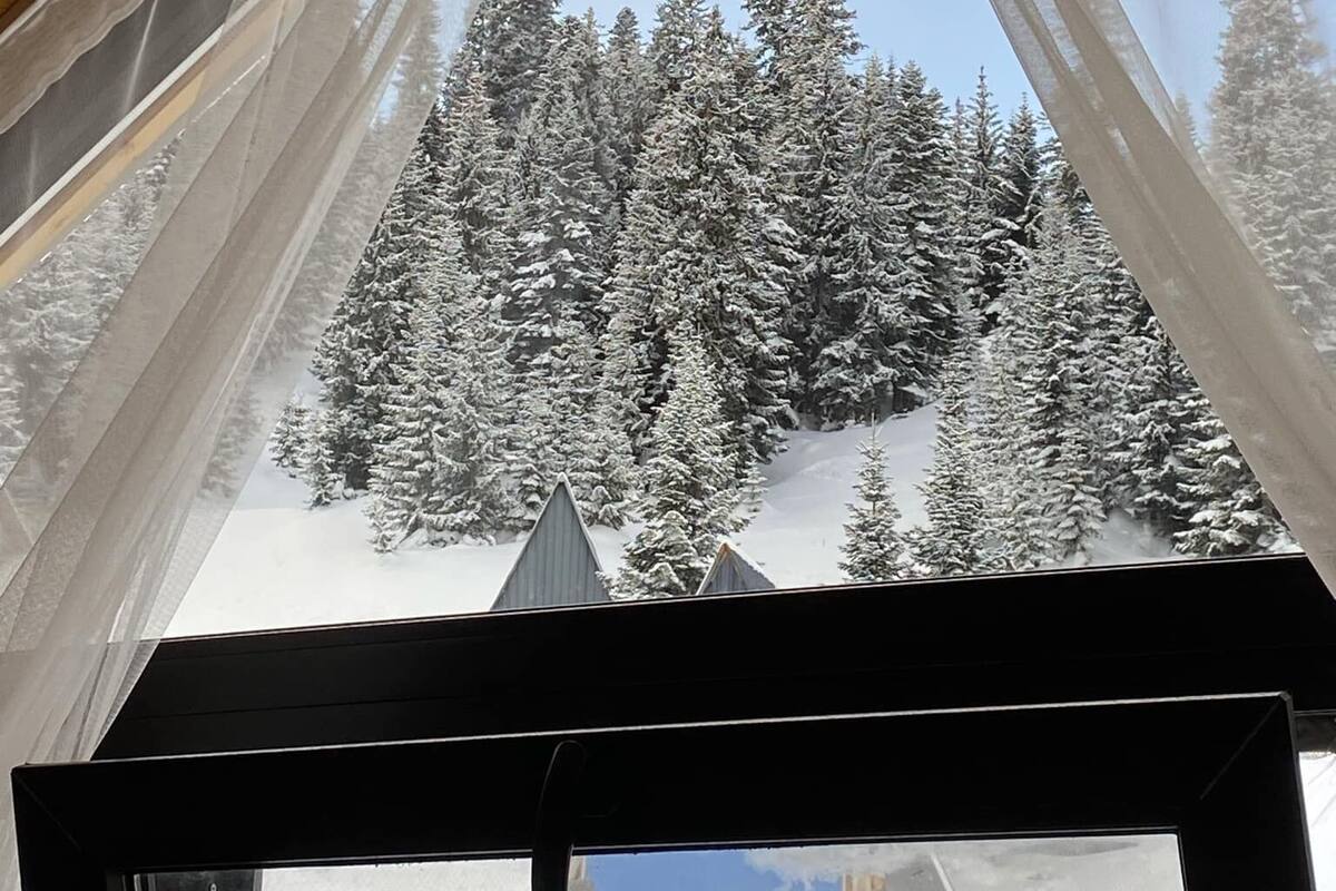 A triangular window with sheer curtains, revealing a snowy forest landscape.